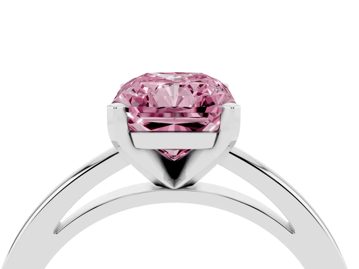 Fancy Pink Radiant Cut Solitaire Diamond Engagement Ring with Four-Prong Setting on a Classic Band Silver