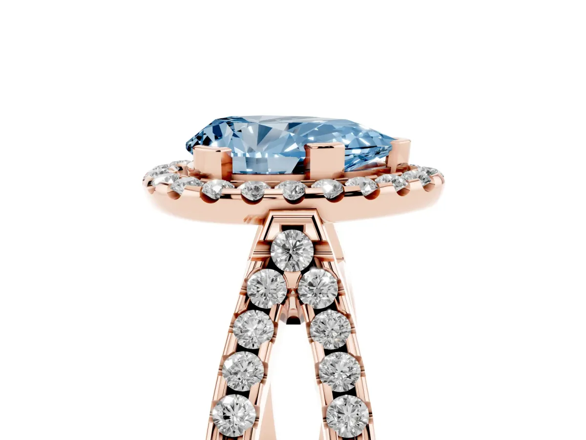 Fancy Blue Pear Cut Diamond Halo Ring with Split Shank Pavé Band and Prong Setting Rose gold