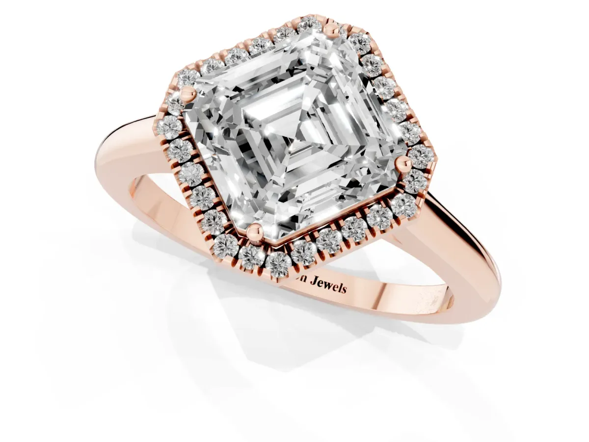 Asscher Cut Halo Round Diamond Solitaire Engagement Ring with Pave Band and Four-Prong Setting Rose gold