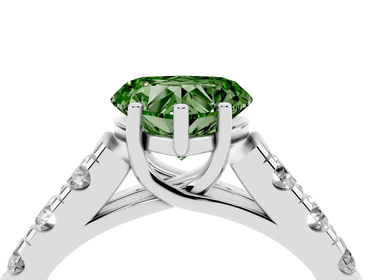 Fancy Green Heart Cut Cut Diamond Solitaire Ring with Micro Pave Band and Prong Setting Silver