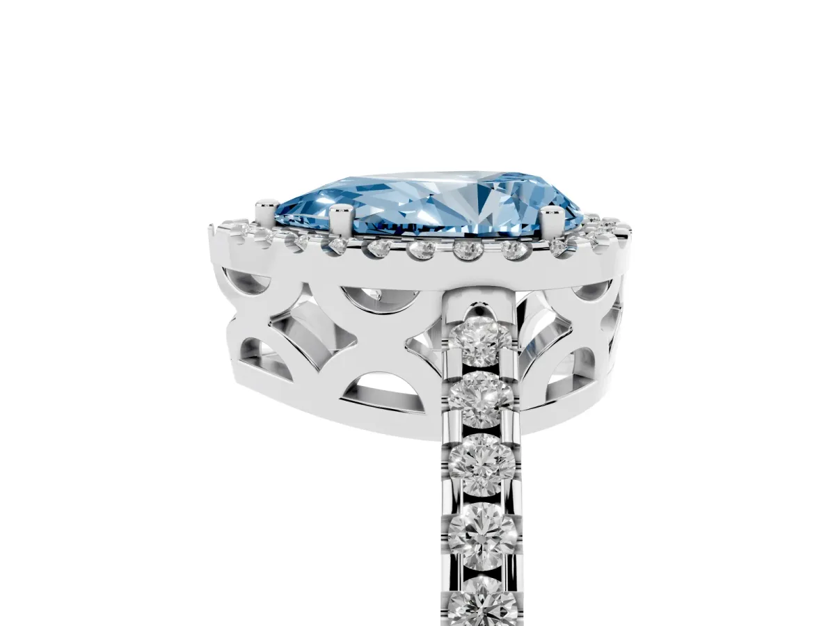 Fancy Blue Pear Cut Diamond Halo Engagement Ring with Pavé Band and Prong Setting Silver