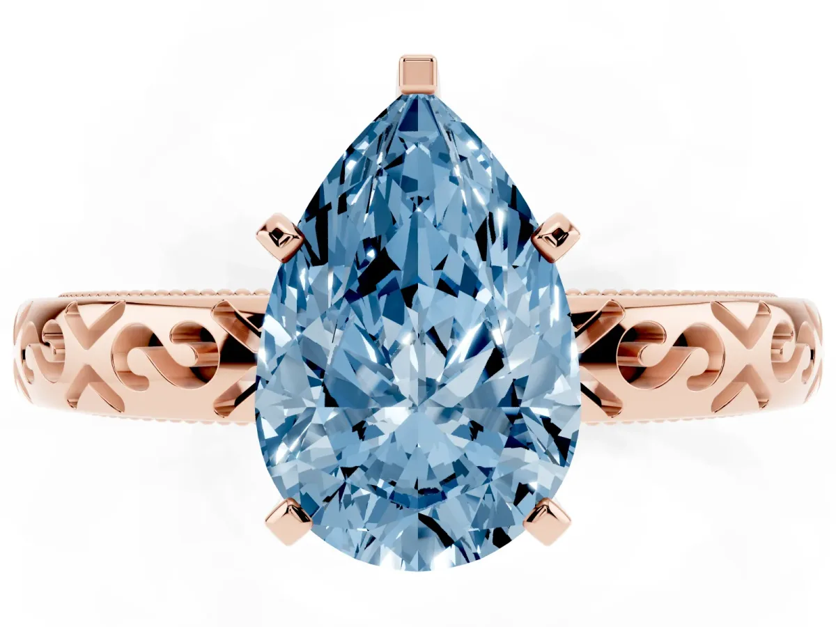 Fancy Blue Pear Cut Solitaire Engagement Ring with Scrollwork Band and Four-Prong Setting Rose gold