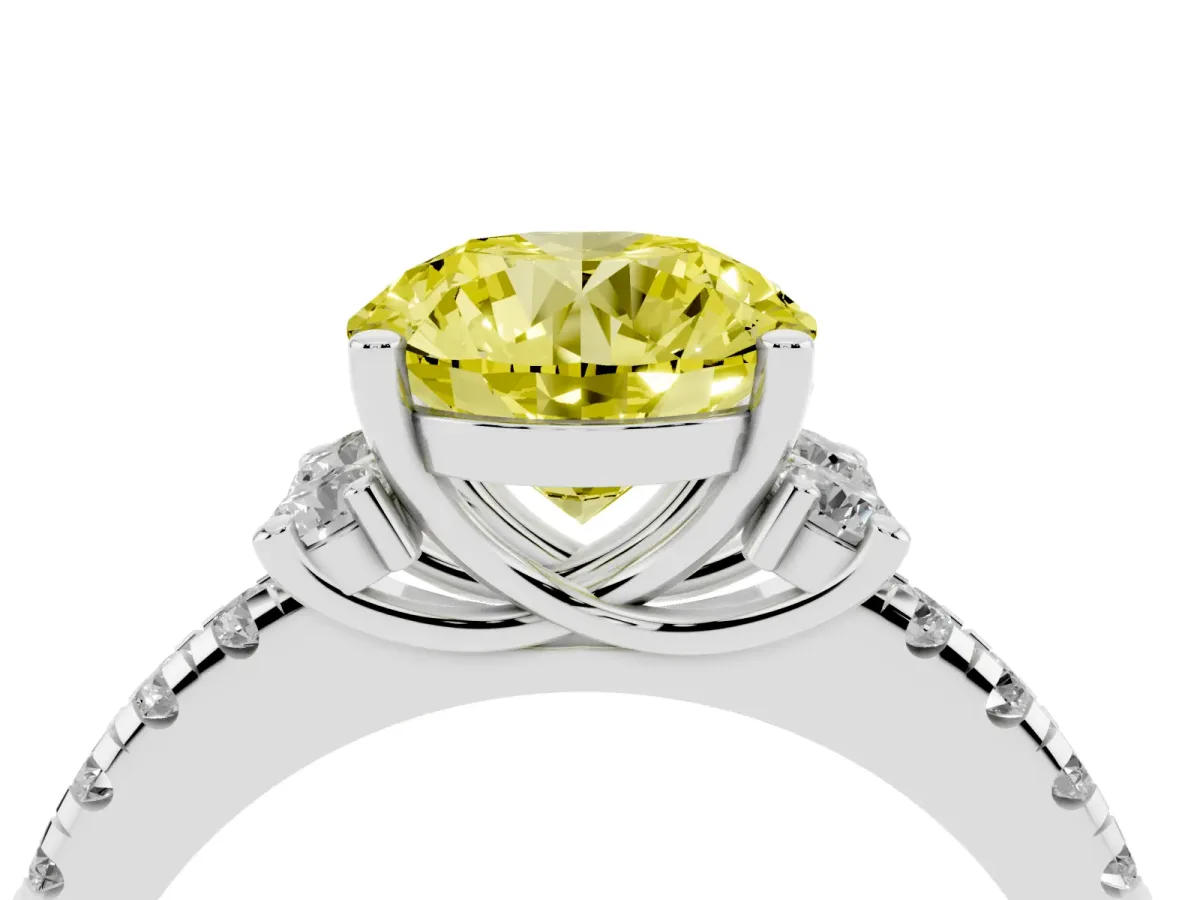 Fancy Yellow Round Cut Diamond Three-Stone Pave Band with Four-Prong Setting Silver