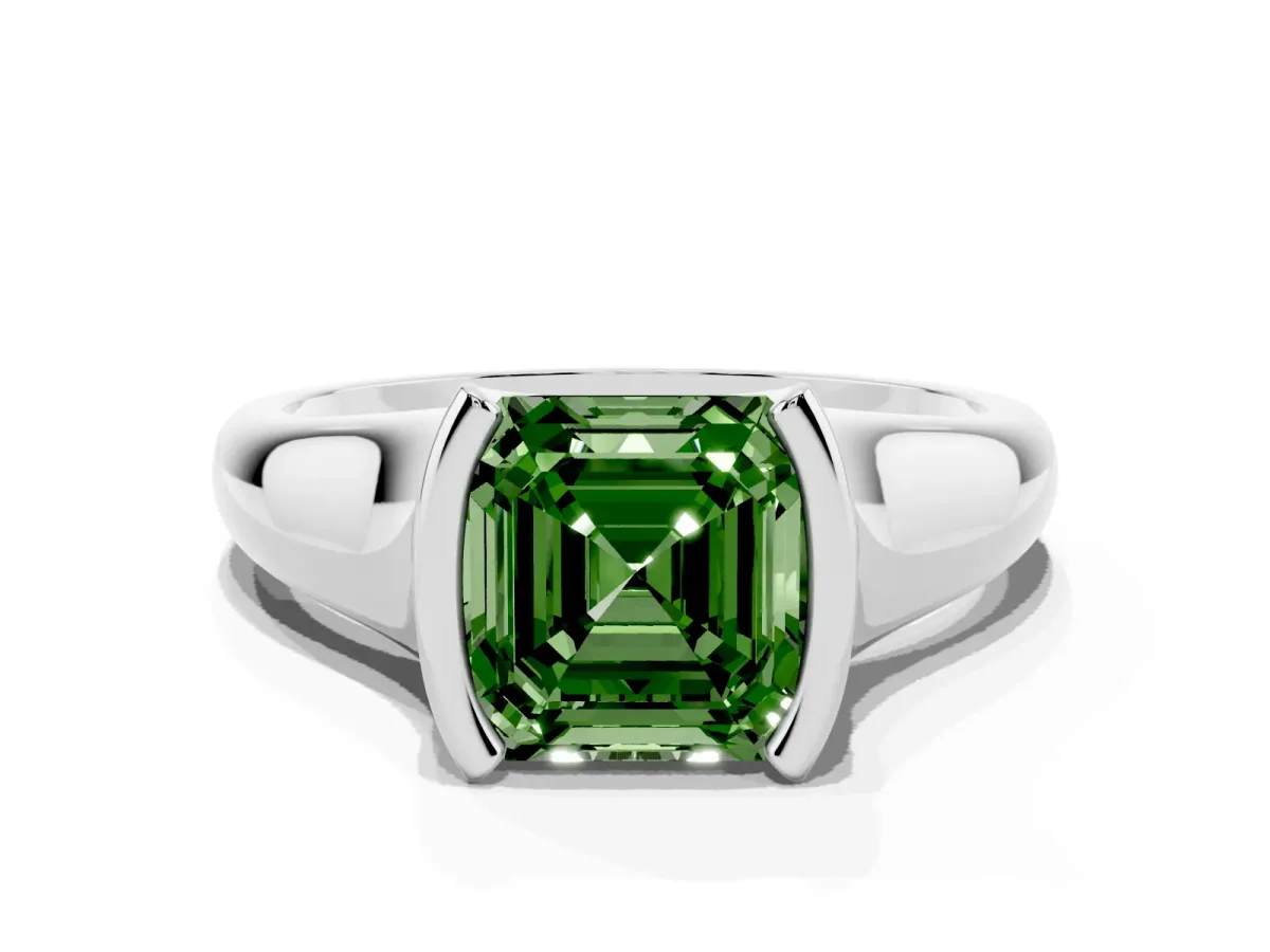 Fancy Green Asscher Cut Solitaire Tension Set Diamond Ring with Split Shank Band Silver