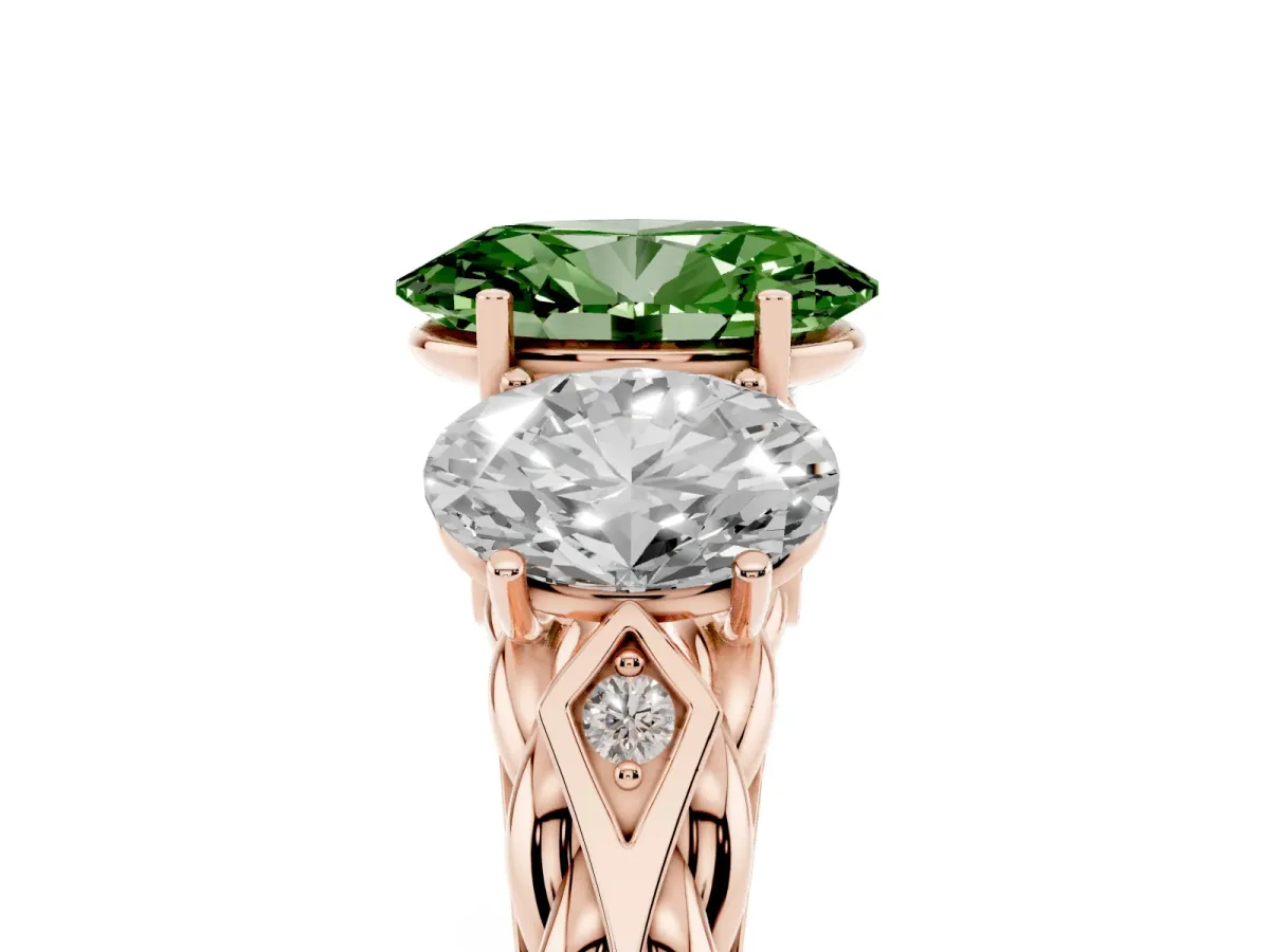 Fancy Green Three-Stone Oval Cut Diamond Braided Band Ring with Four-Prong Setting Rose gold