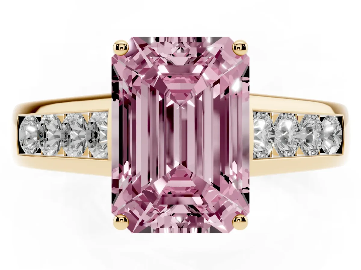 Fancy Pink Emerald Cut Solitaire Channel-Set Diamond Engagement Ring with Four-Prong Setting Yellow gold