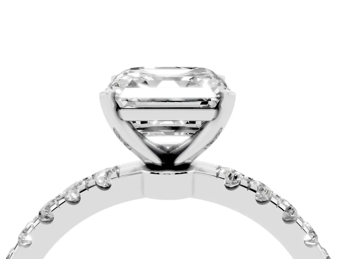 Asscher Cut Diamond Solitaire Ring with Pavé Accents and Four-Prong Setting Silver