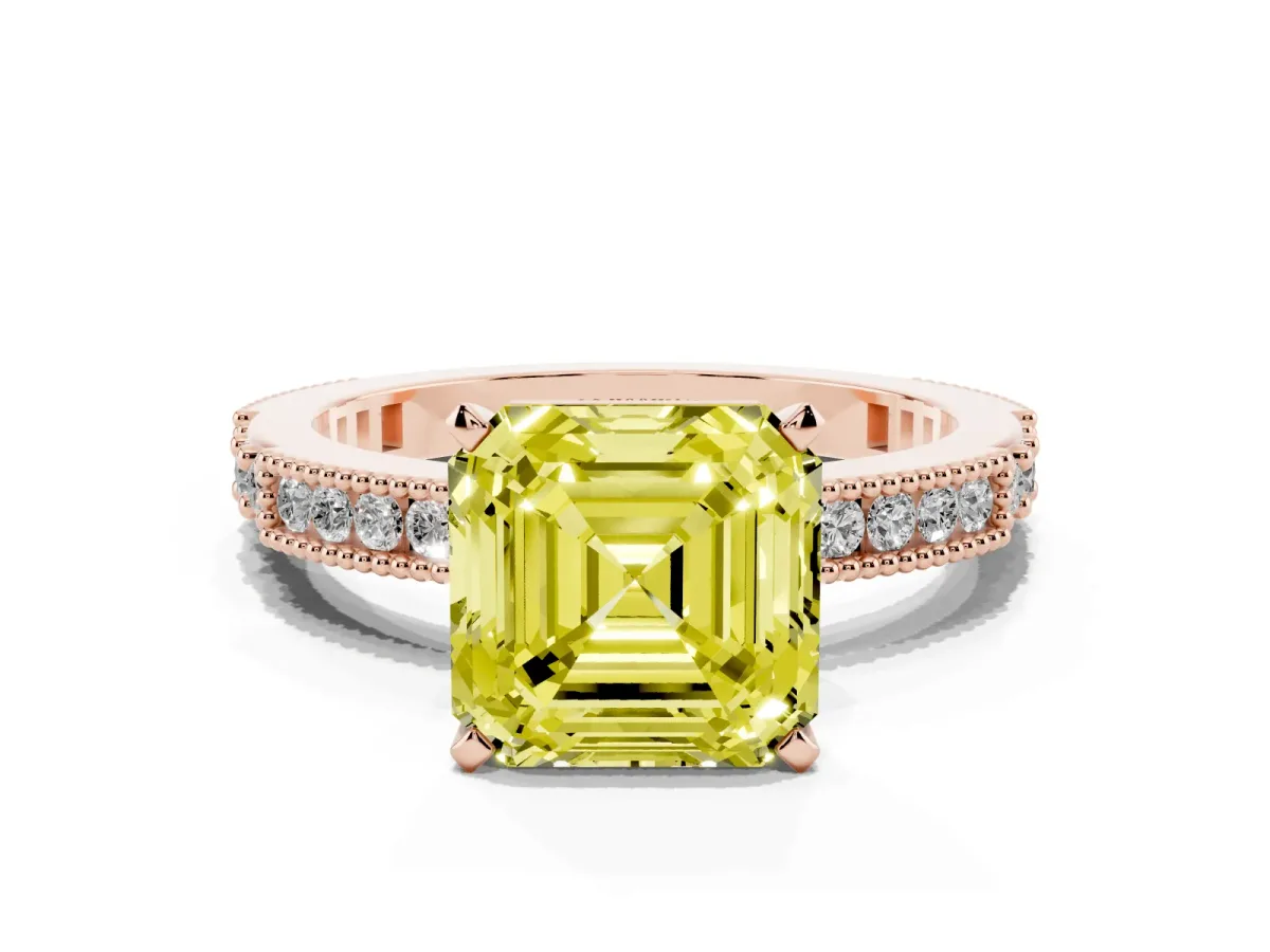 Fancy Yellow Asscher Cut Solitaire with Pavé Band and Four-Prong Setting Rose gold