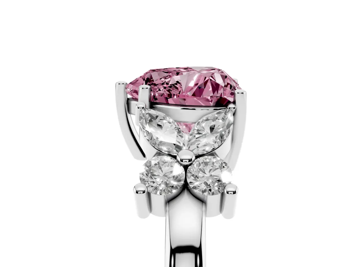 Fancy Pink Heart Cut Diamond Floral Cluster Ring with Solitaire Band and Prong Setting Platinum