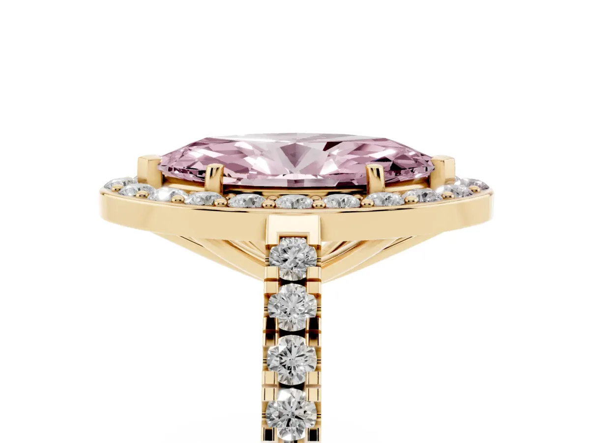 Fancy Pink Marquise Cut Diamond Halo Ring with Round Pavé Split Shank and Prong Setting Yellow gold
