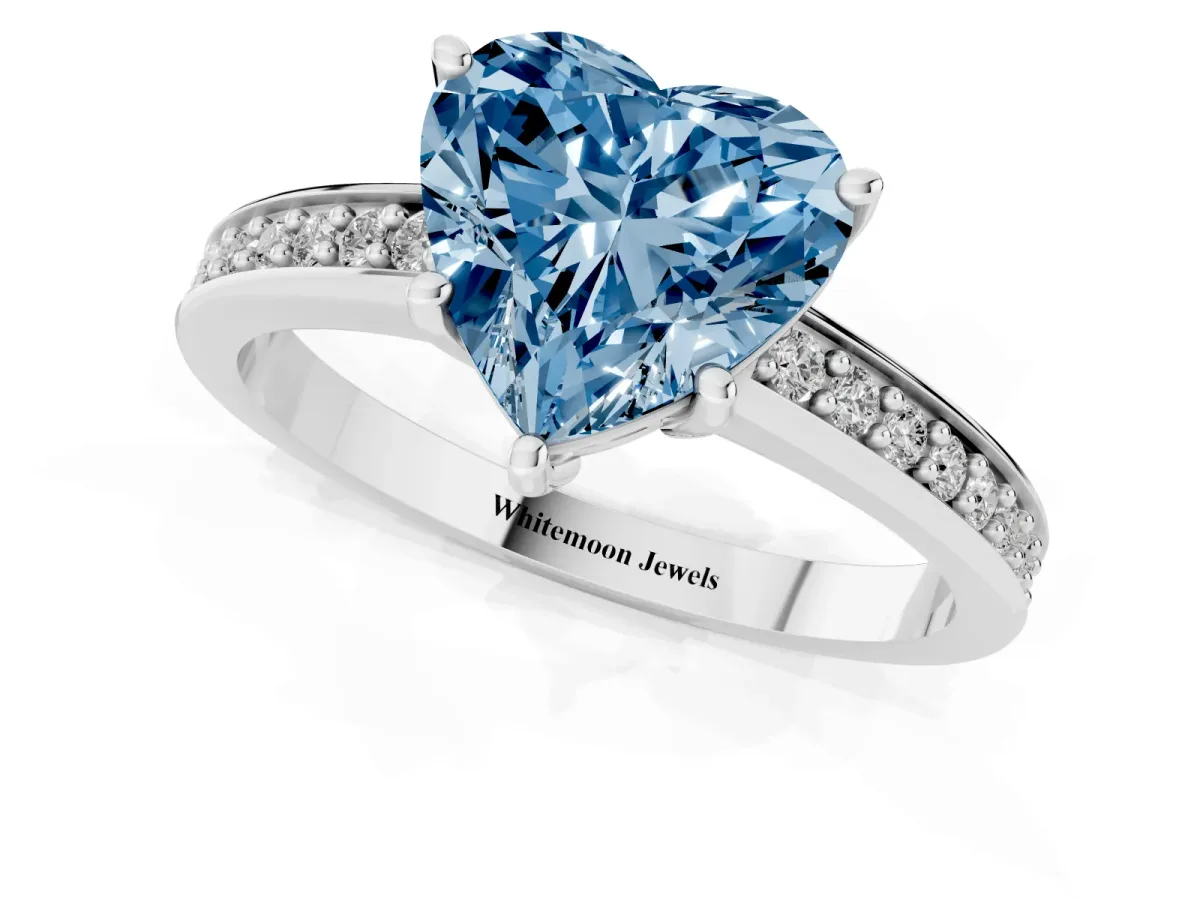 Fancy Blue Heart Cut Solitaire Pavé Band Prong Setting Ring White gold
