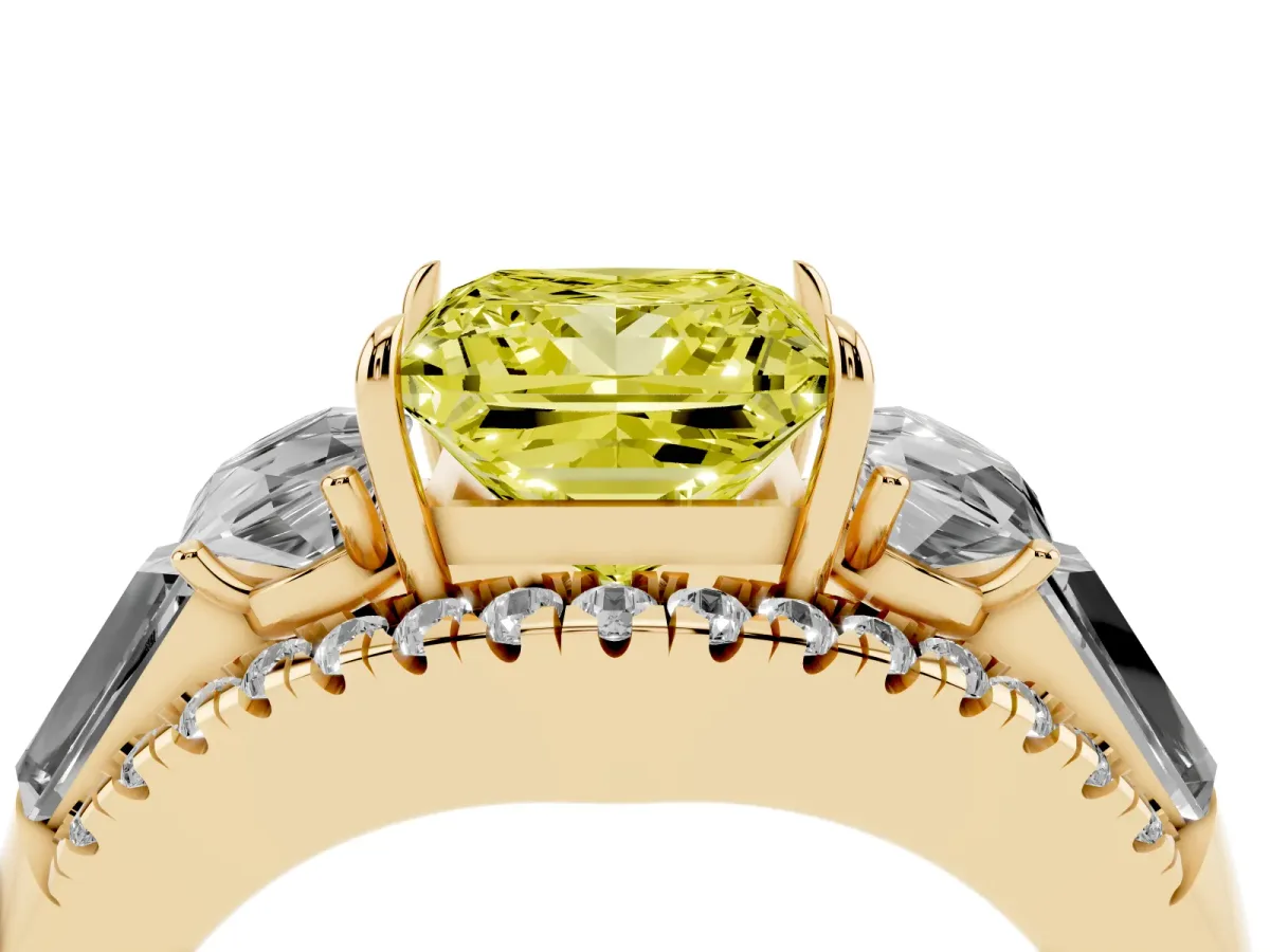 Fancy Yellow Three-Stone Princess Cut Diamond Engagement Ring with Pave Band and Prong Setting Yellow gold