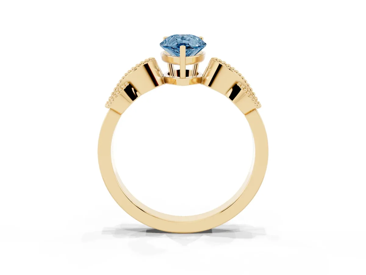 Fancy Blue Pear Cut Solitaire Milgrain Leaf Band with Prong Setting Yellow gold