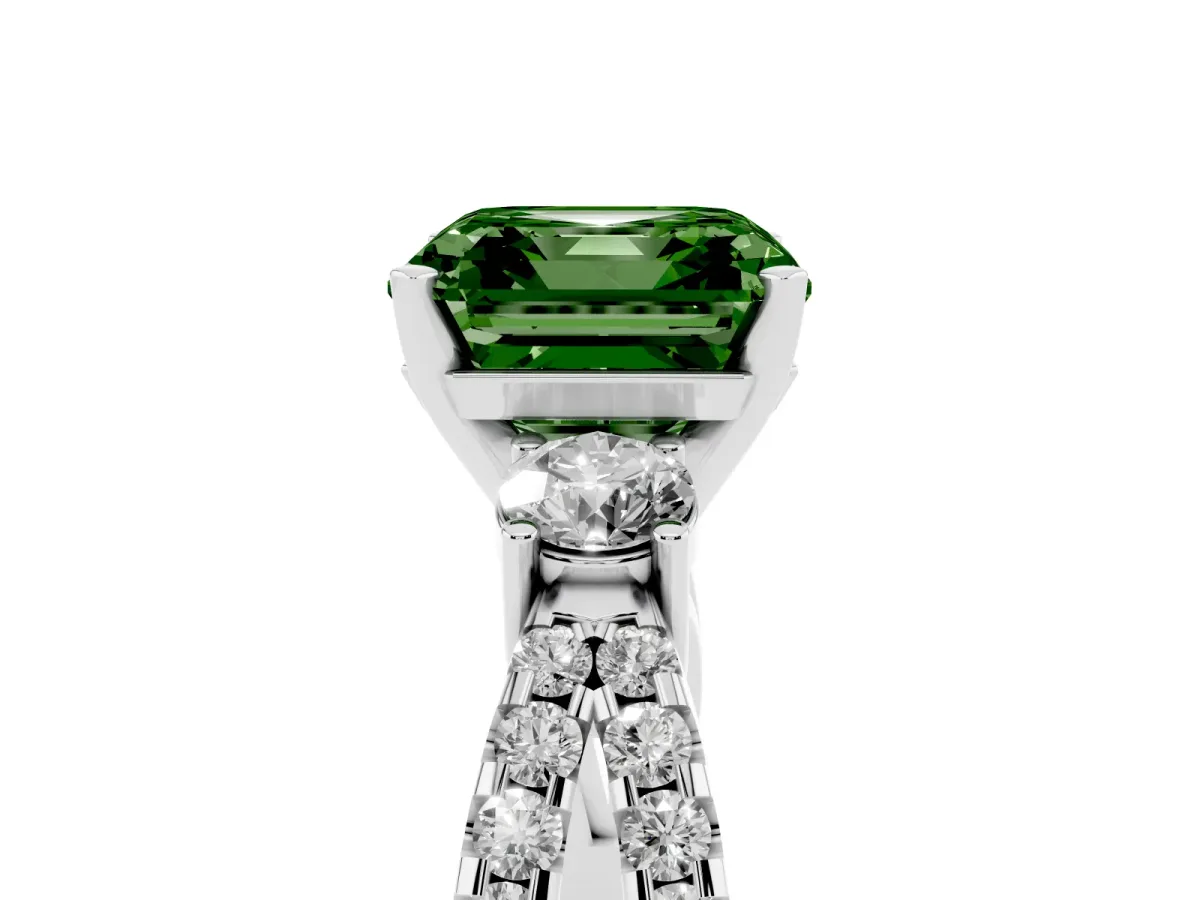 Fancy Green Asscher Cut Diamond Three-Stone Ring with Pavé Split Shank and Four-Prong Setting Platinum
