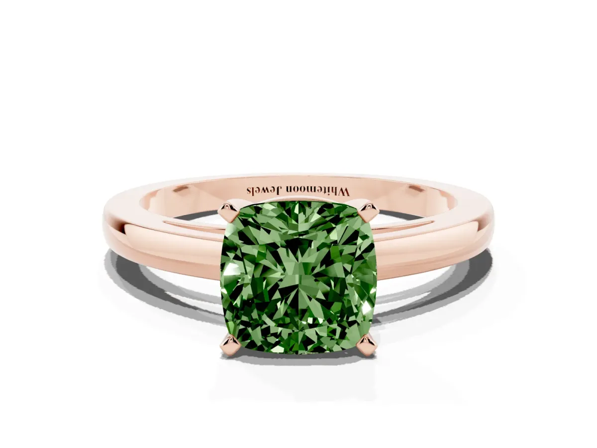 Fancy Green Cushion Cut Solitaire Diamond Engagement Ring with Four-Prong Setting on a Classic Band Rose gold