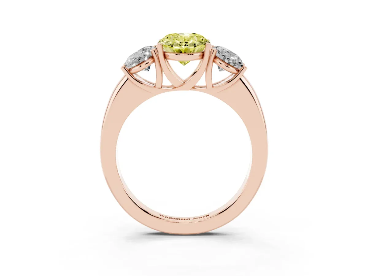 Fancy Yellow Oval Cut Diamond Three-Stone Ring with Four-Prong Setting and Classic Band Rose gold
