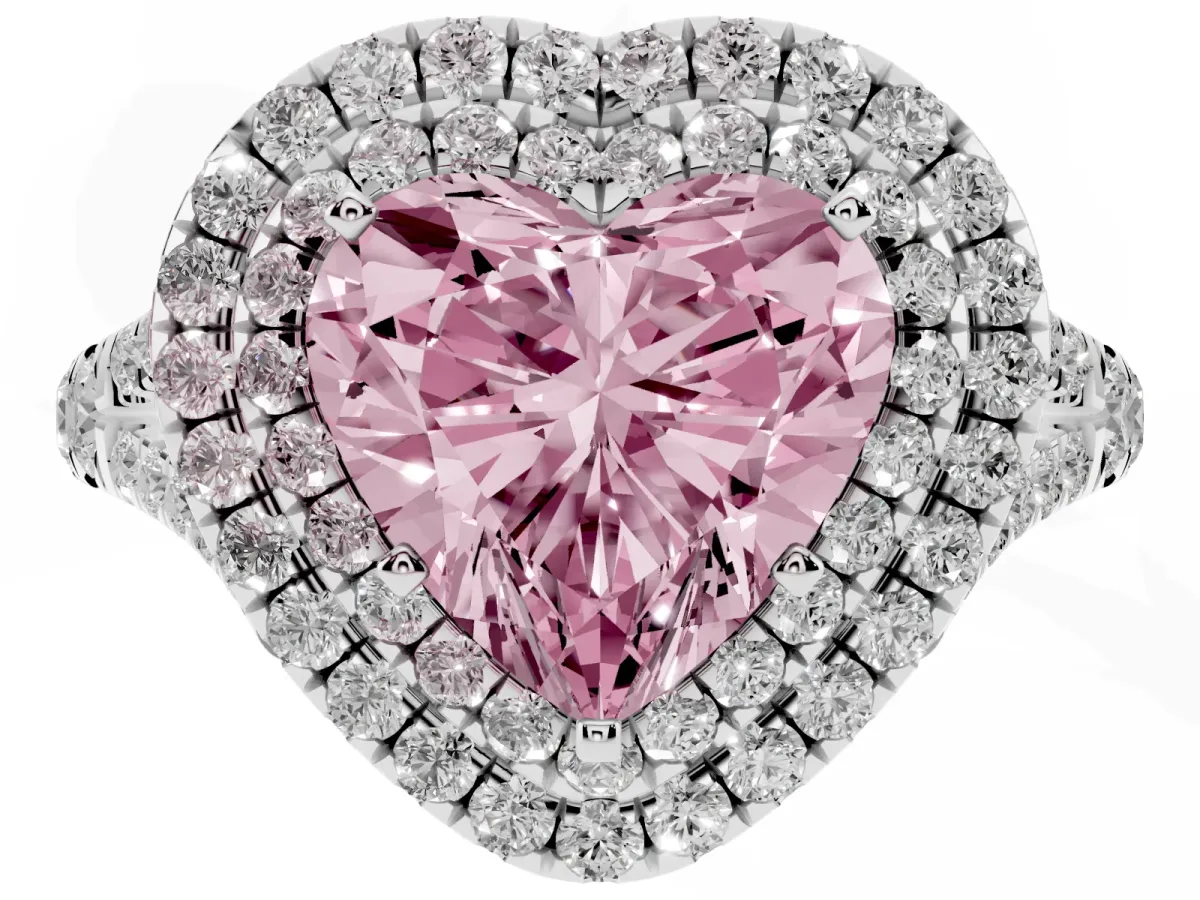 Fancy Pink Double Halo Heart Cut Diamond Split Shank Engagement Ring with Four-Prong Setting Silver