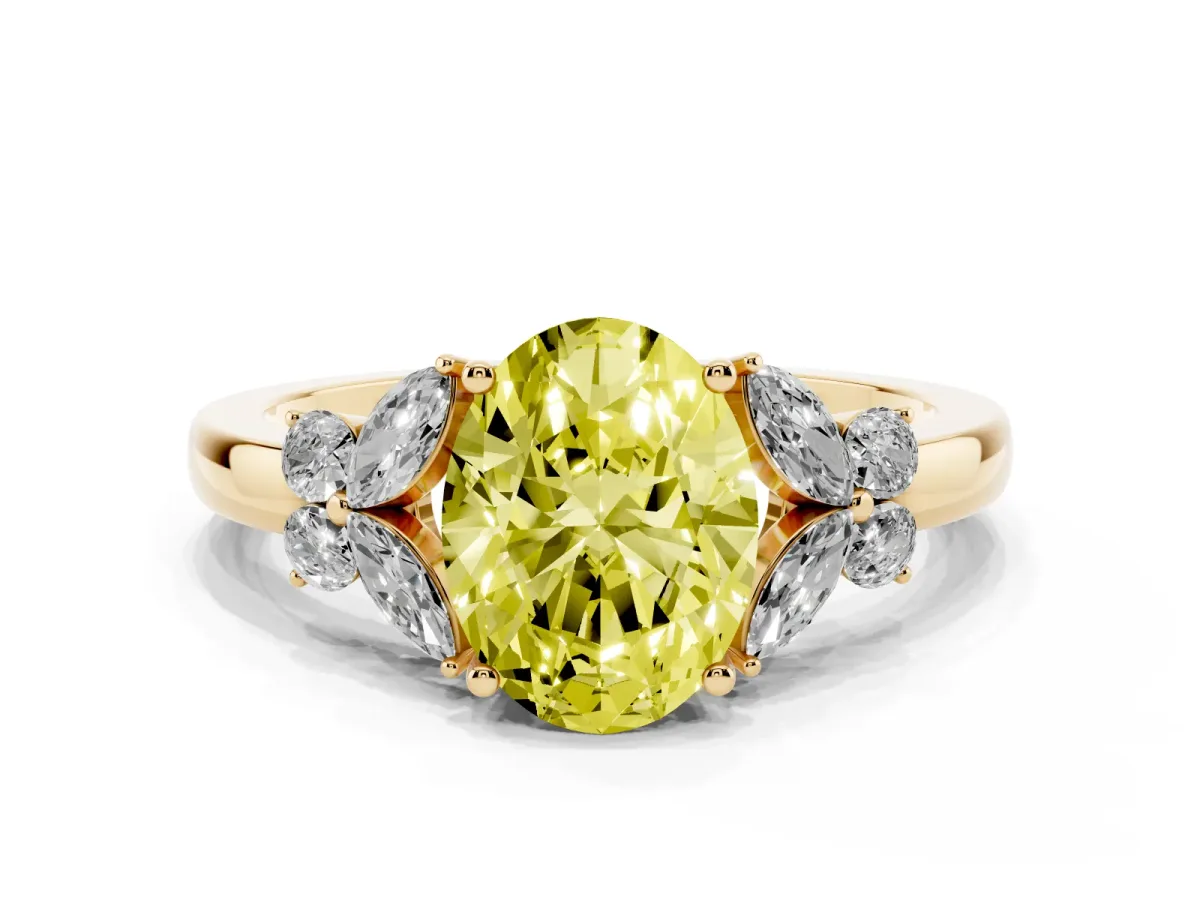 Fancy Yellow Oval Cut Cut Solitaire Floral Diamond Ring with Four-Prong Setting Yellow gold