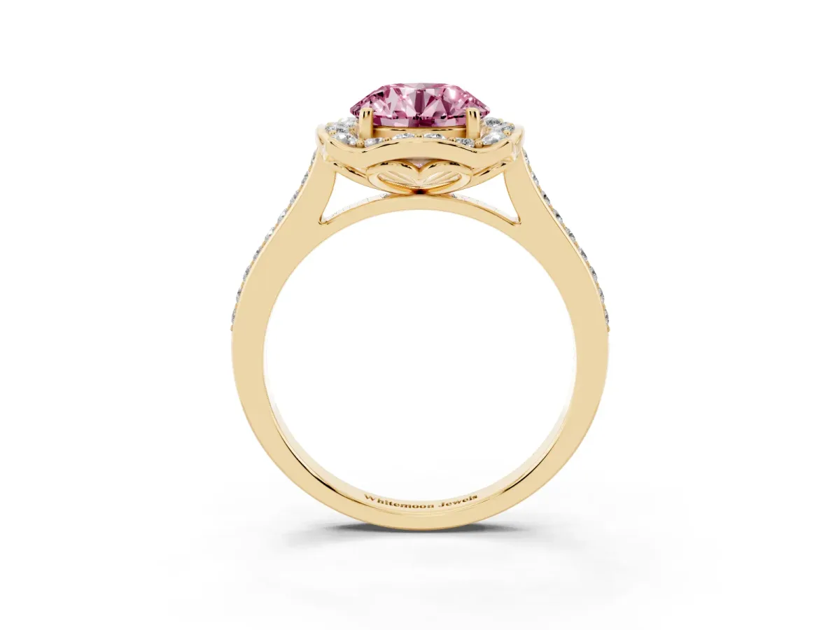 Fancy Pink Round Cut Halo Round Diamond Pave Band with Four-Prong Setting Yellow gold