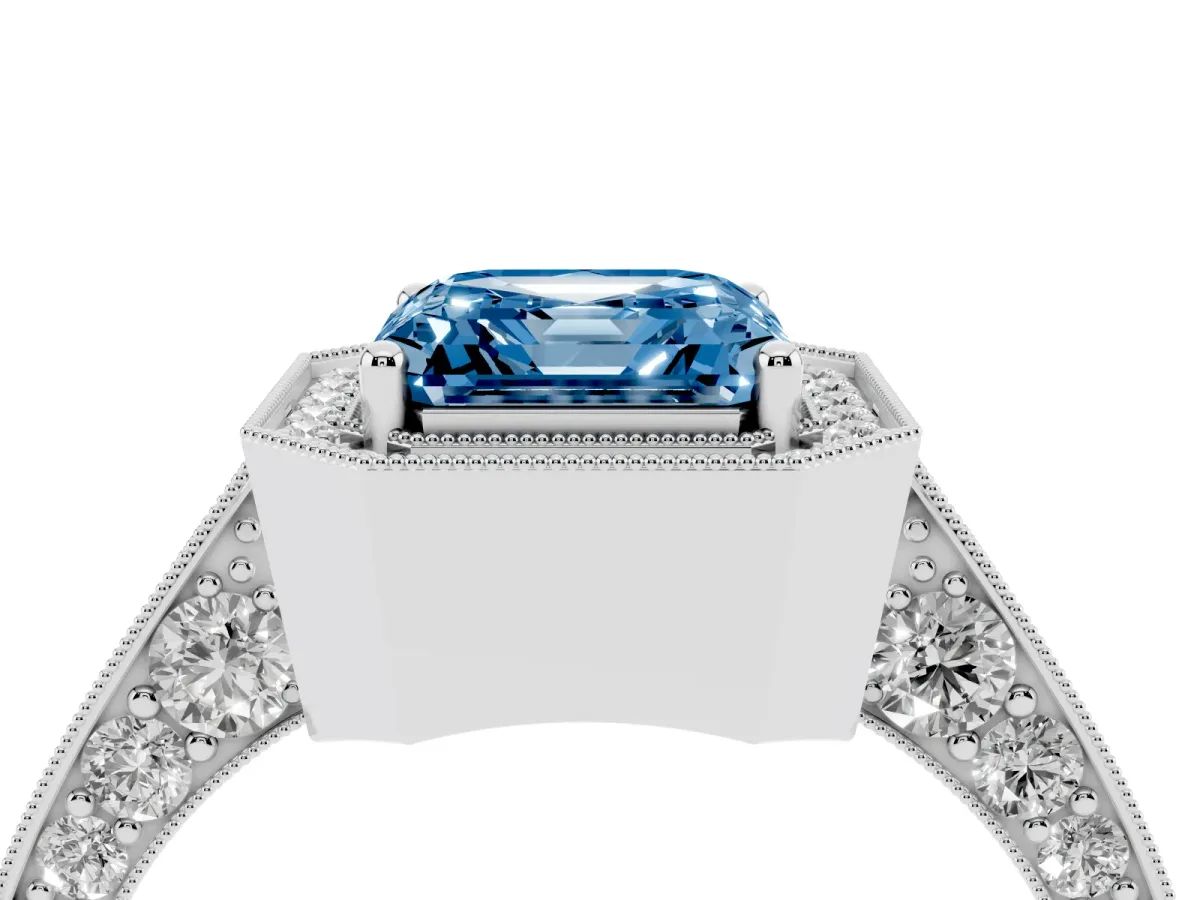 Fancy Blue Asscher Cut Halo Diamond Engagement Ring with Split Shank Band and Four-Prong Setting White gold