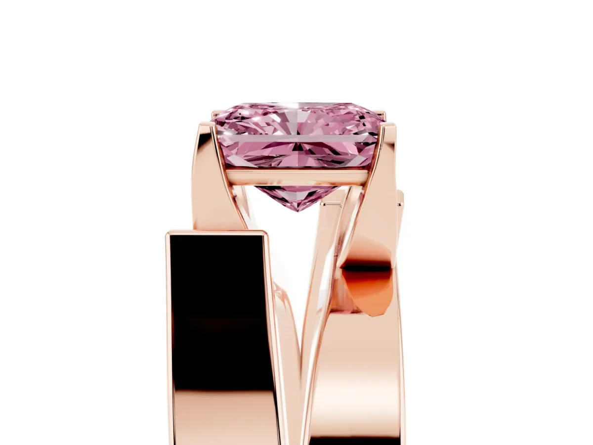 Fancy Pink Modern Tension Set Radiant Cut Diamond Solitaire Wide Band Ring Rose gold
