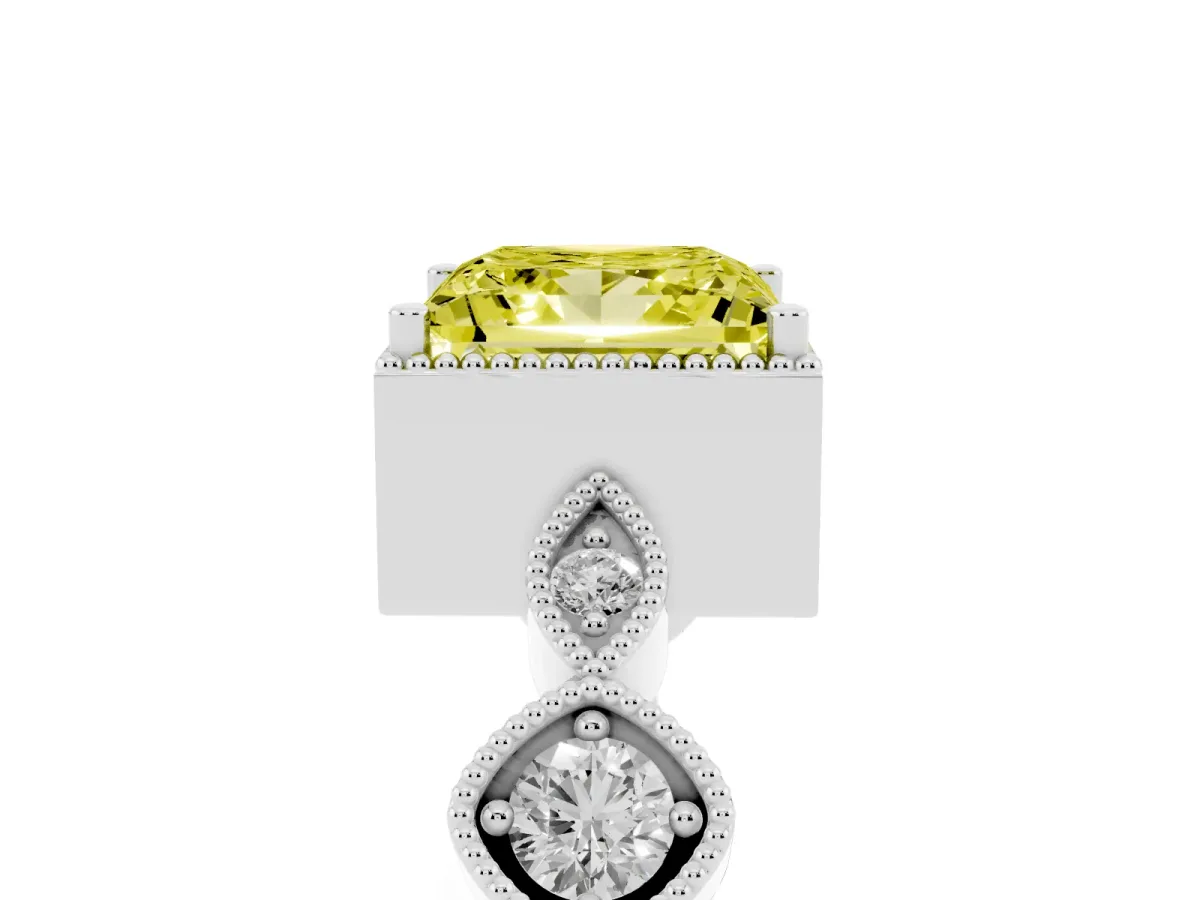 Fancy Yellow Princess Cut Diamond Vintage Milgrain Ring with Round Stations Silver
