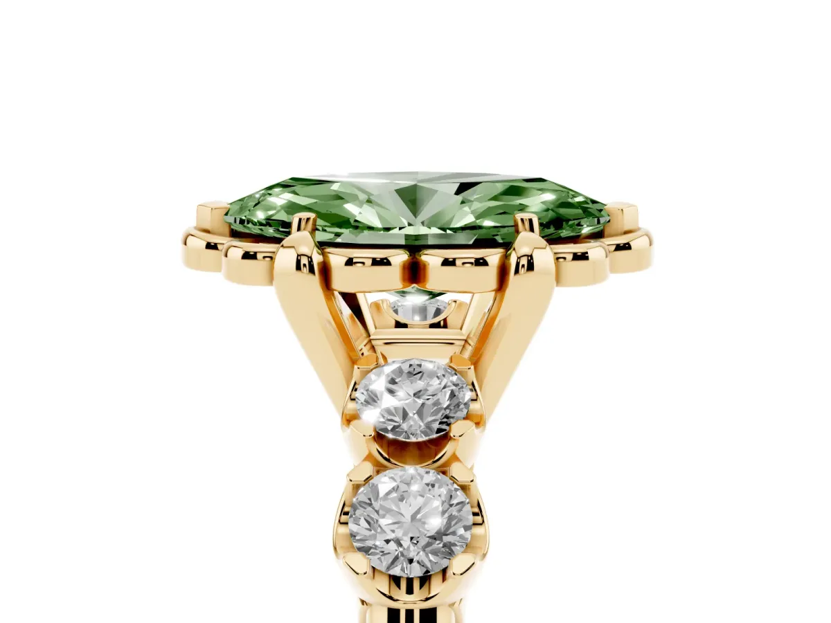 Fancy Green Marquise Cut Cut Diamond Floral Halo Engagement Ring with Shared Prong Setting Yellow gold