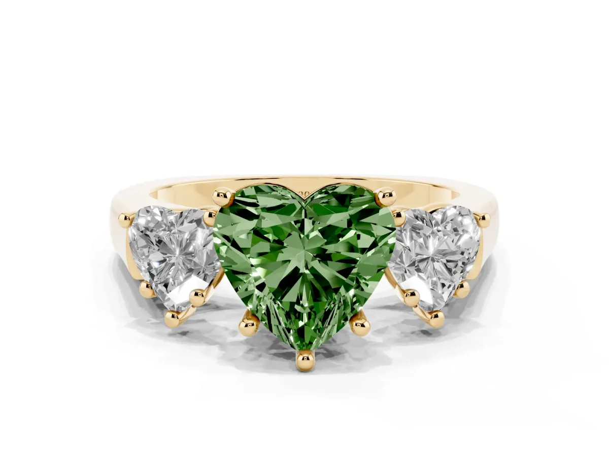 Fancy Green Three-Stone Heart Cut Brilliant Diamond Trellis Ring with Comfort Fit Band Yellow gold