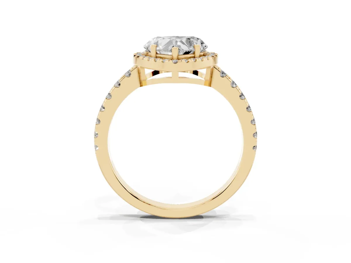 Heart Cut Diamond Halo Ring with Pavé Band and Four-Prong Setting Yellow gold