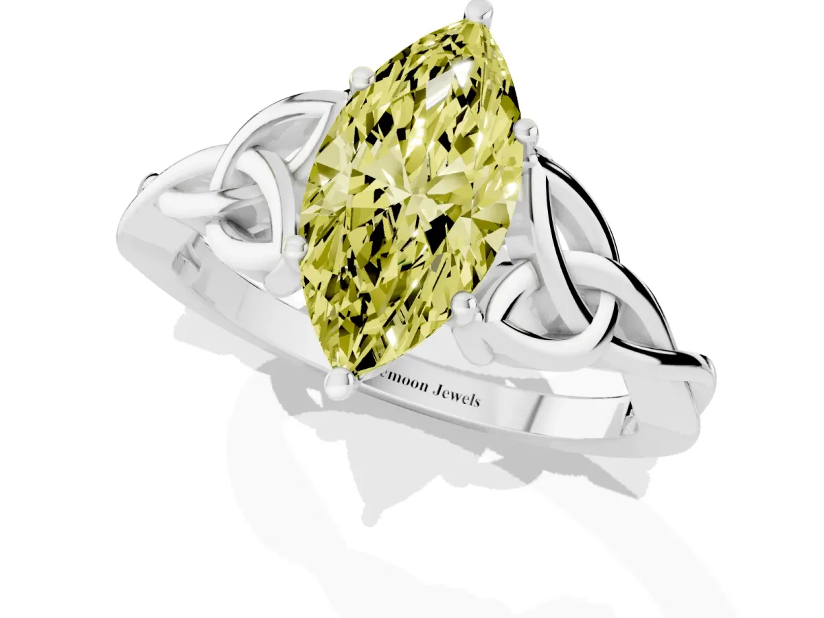 Fancy Yellow Marquise Cut Diamond Solitaire Engagement Ring with Celtic Knot Band and Four-Prong Setting Platinum