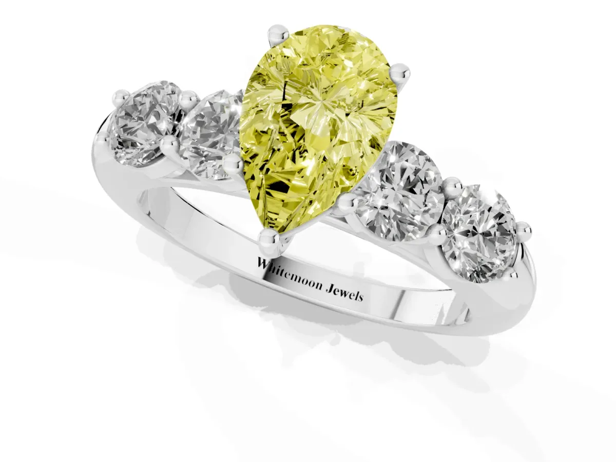 Fancy Yellow Pear Cut Cut Five-Stone Prong Set Diamond Ring with Classic Band Silver