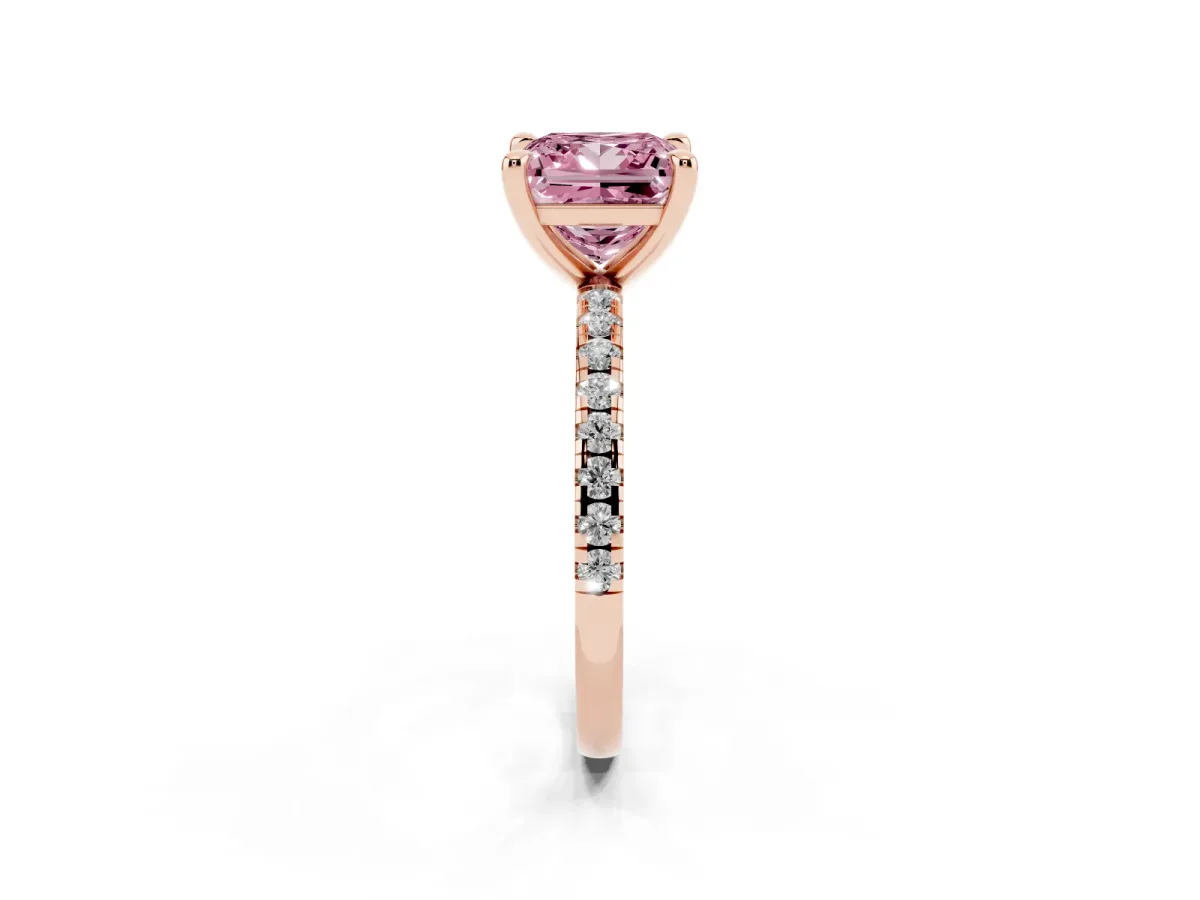 Fancy Pink Princess Cut Diamond Brilliant Solitaire Ring with Pavé Band and Four-Prong Setting Rose gold