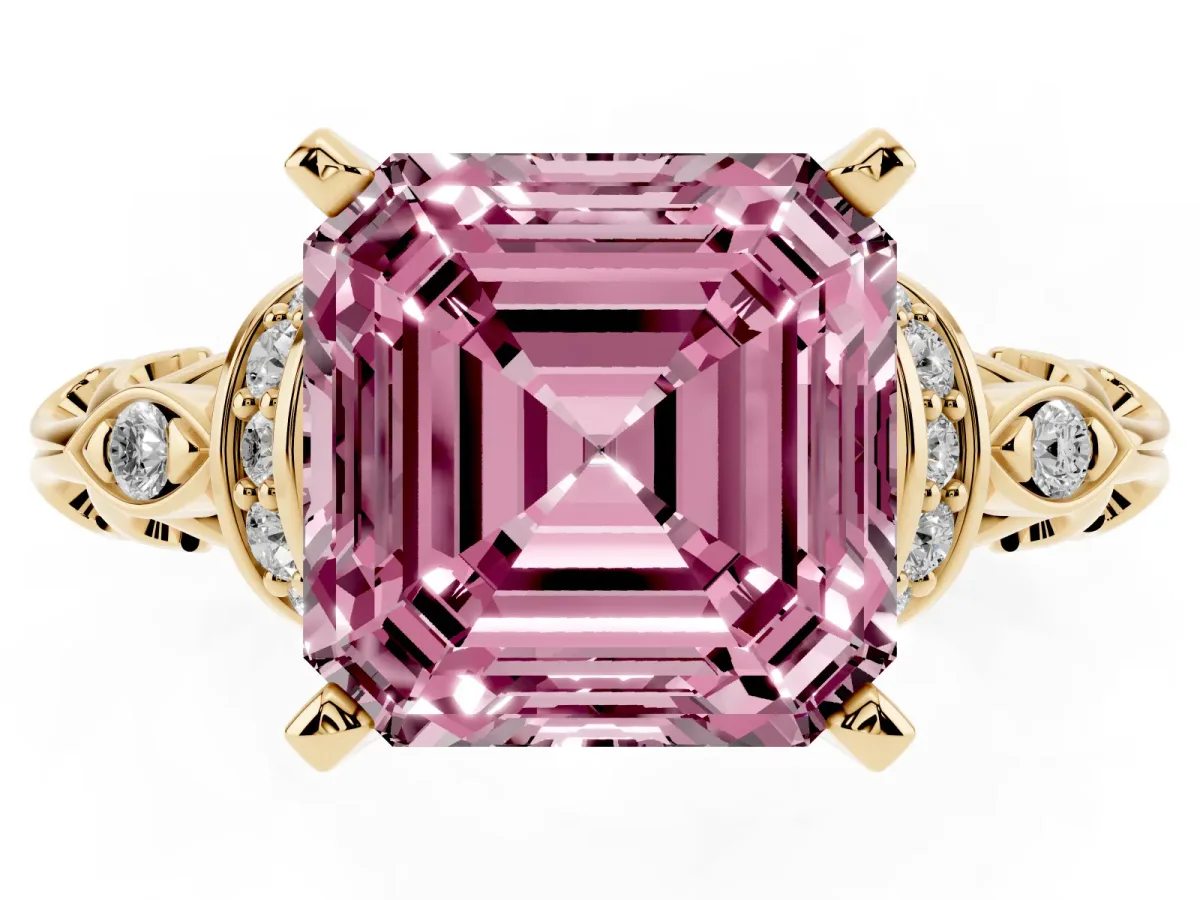 Fancy Pink Asscher Cut Diamond Solitaire Ring with Filigree Band and Four-Prong Setting Yellow gold