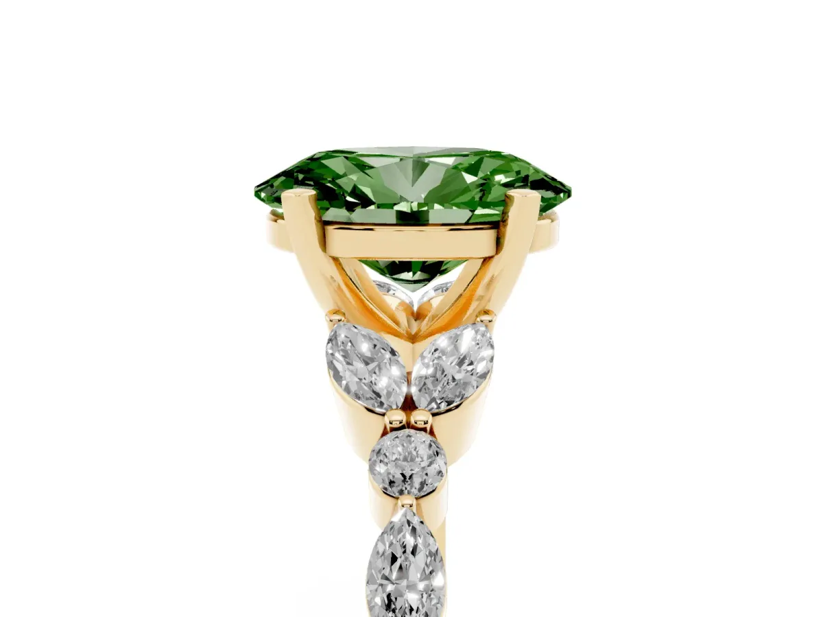 Fancy Green Oval Cut Diamond Solitaire Ring with Side Stones and Four-Prong Setting Yellow gold