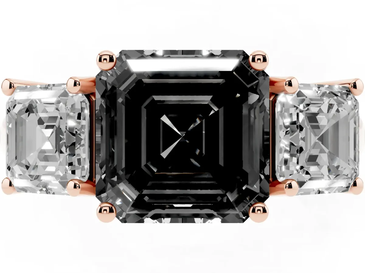 Fancy Black Three-Stone Asscher Cut Diamond Engagement Ring with Prong Setting Rose gold