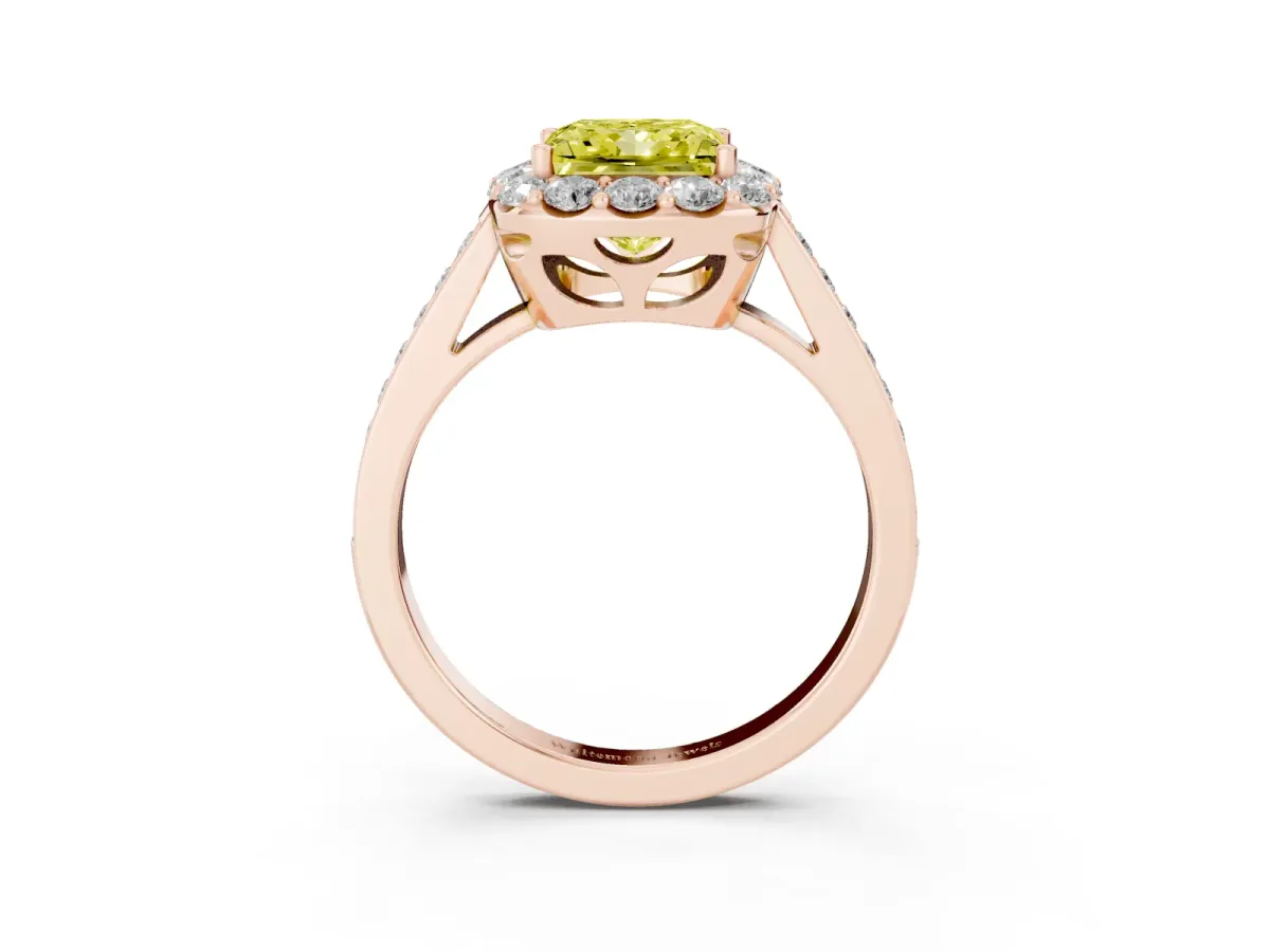 Fancy Yellow Princess Cut Diamond Floral Halo Ring with Pavé Band and Prong Setting Rose gold