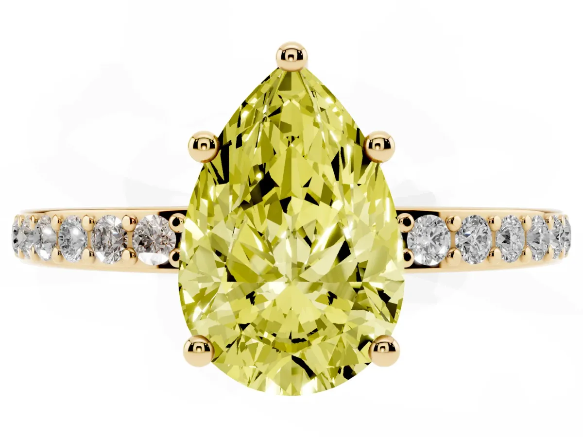 Fancy Yellow Pear Cut Cut Diamond Pavé Band Ring with Four-Prong Setting Yellow gold