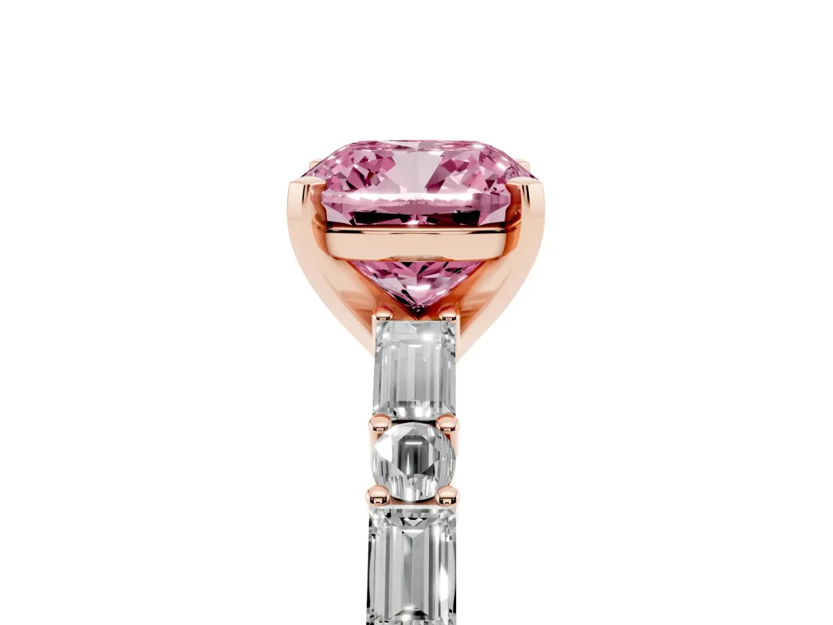 Fancy Pink Cushion Cut Diamond Solitaire with Side Baguettes and Channel Set Band Rose gold