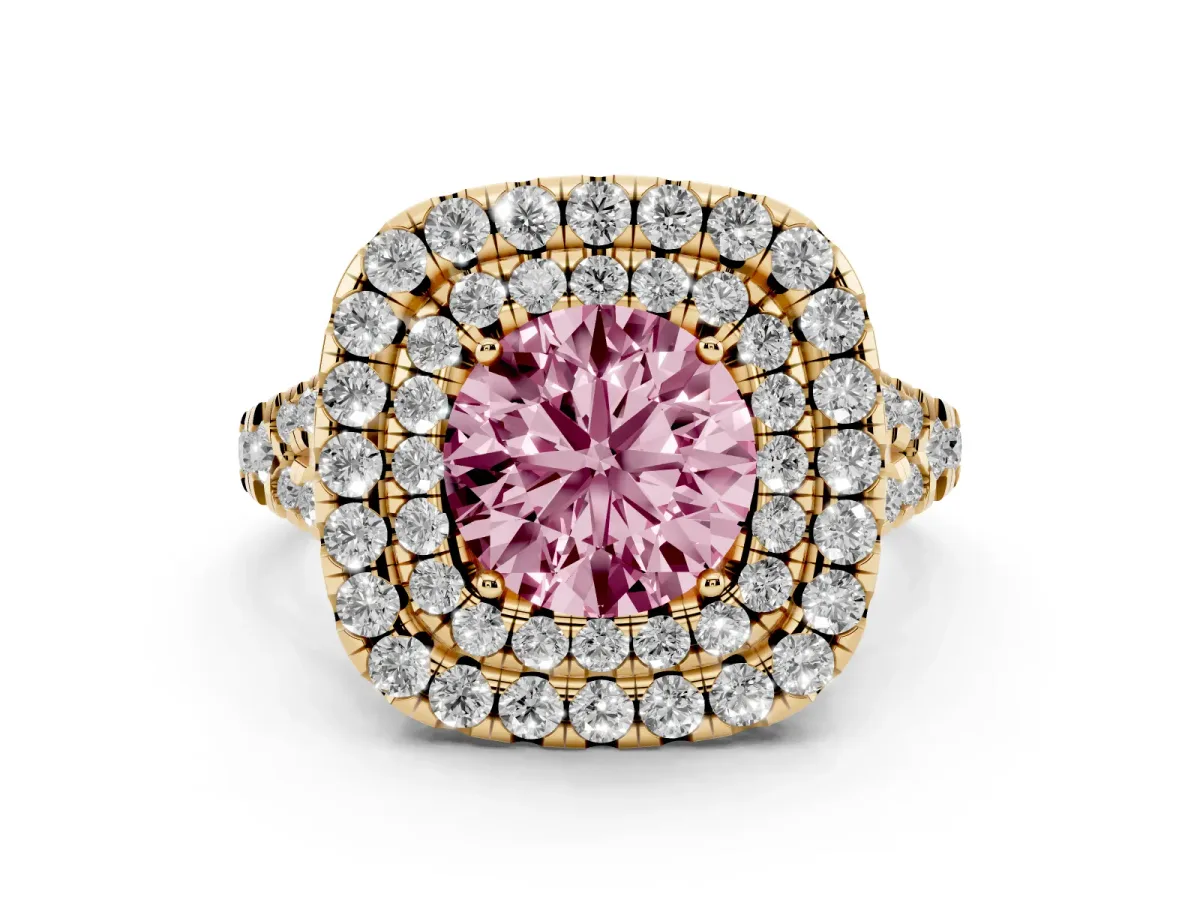 Fancy Pink Double Halo Round Cut Diamond Pavé Split Shank Ring with Prong Setting Yellow gold