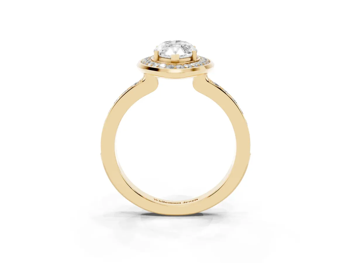 Marquise Cut Diamond Halo Ring with Bezel Frame and Pavé Band Yellow gold