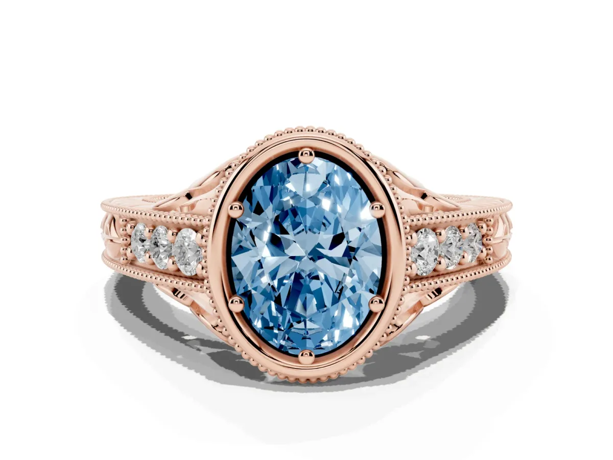 Fancy Blue Bezel Set Oval Cut Diamond Milgrain Pave Engagement Ring Rose gold