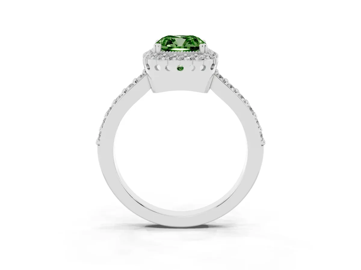 Fancy Green Cushion Cut Cut Diamond Halo Engagement Ring with Milgrain Detail and Pavé Band Platinum
