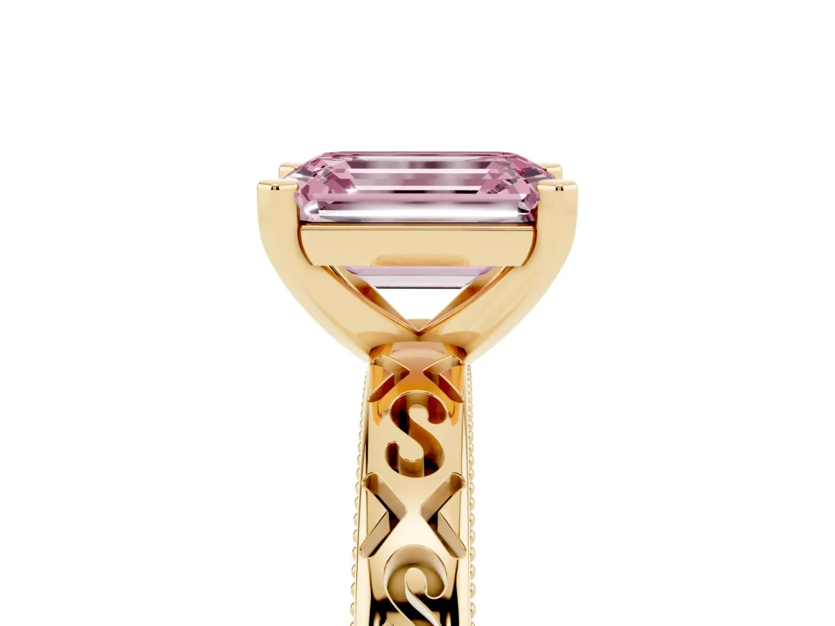 Fancy Pink Emerald Cut Solitaire Engagement Ring with Scrollwork Band and Four-Prong Setting Yellow gold