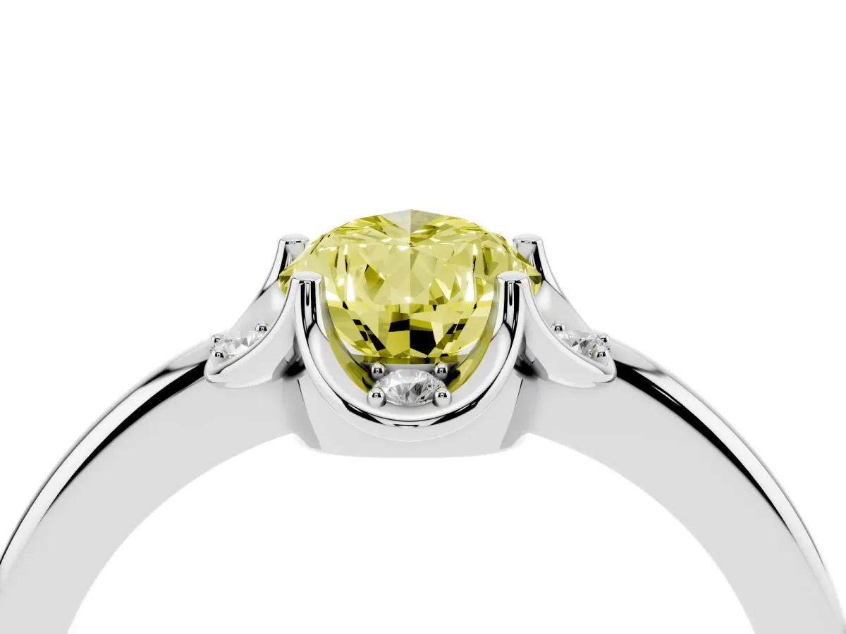 Fancy Yellow Pear Cut Halo Diamond Ring with Round Cluster Setting, Solitaire Band, and Four-Prong Setting Platinum