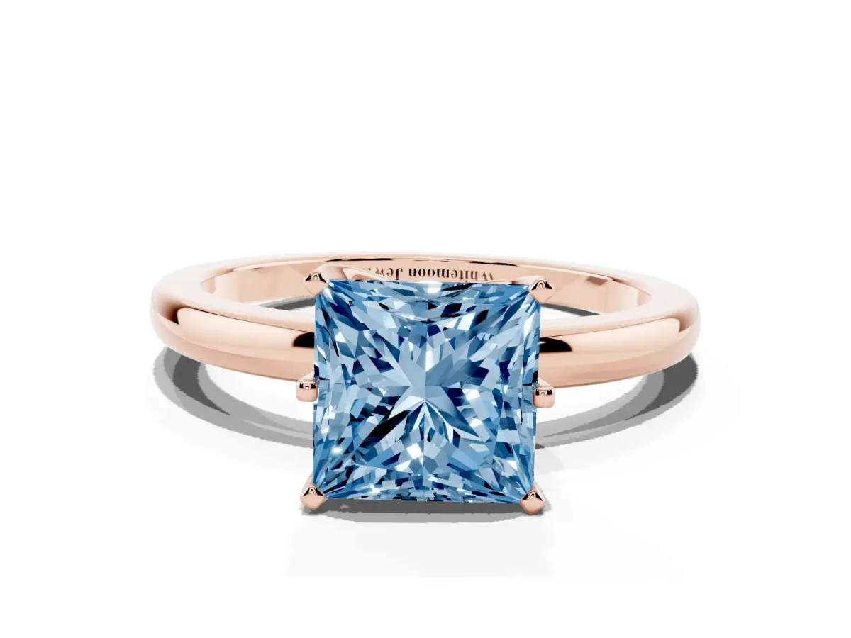 Fancy Blue Princess Cut Solitaire Diamond Ring with Six-Prong Setting on a Classic Band Rose gold