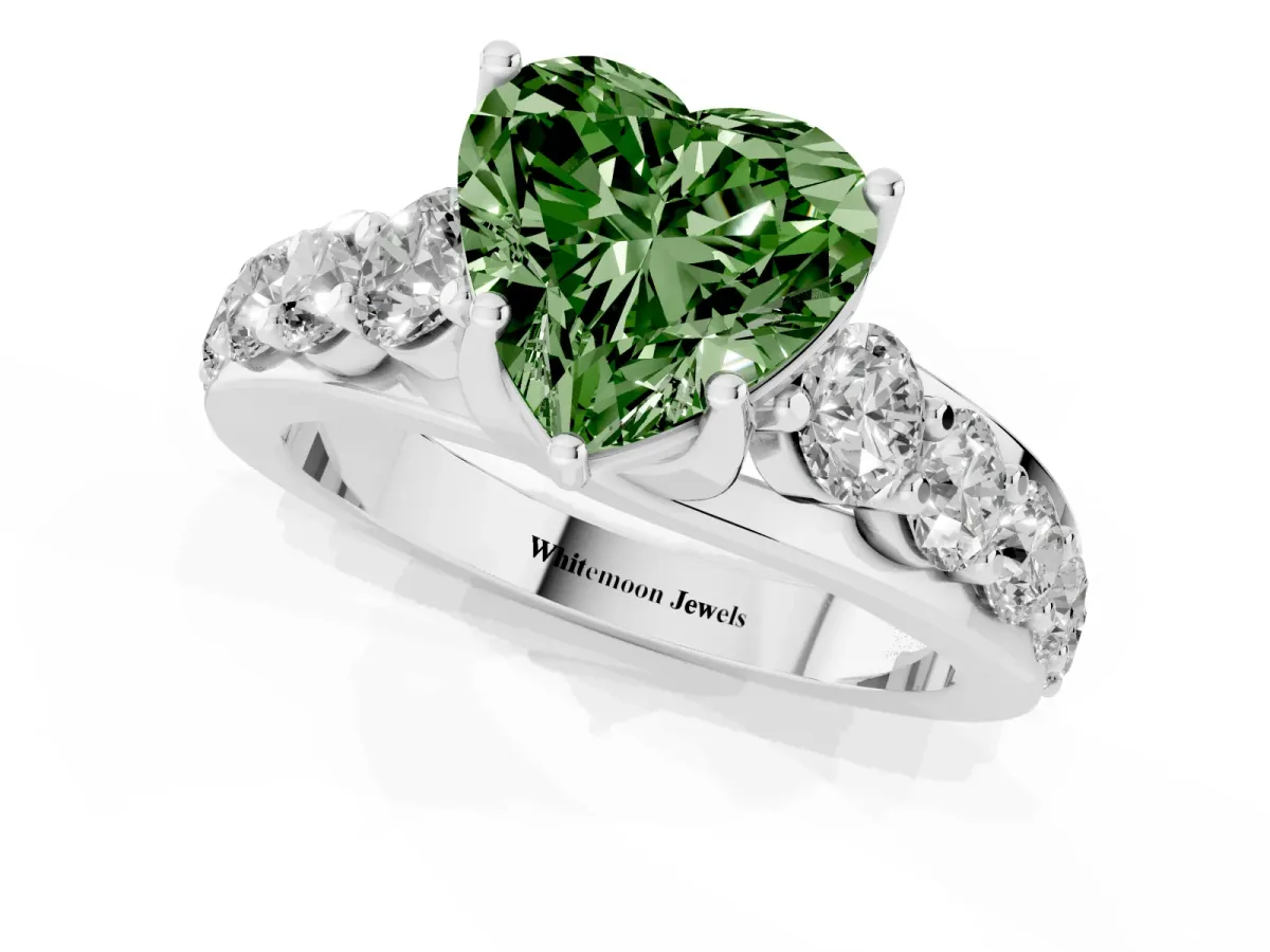Fancy Green Heart Cut Diamond Engagement Ring with Pavé Band and Four-Prong Setting Silver