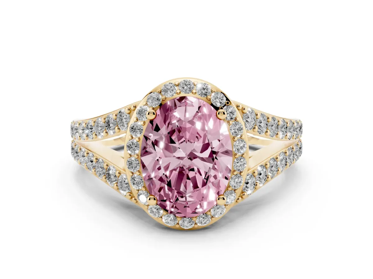 Fancy Pink Oval Cut Diamond Split Shank Halo Ring with Four-Prong Setting Yellow gold