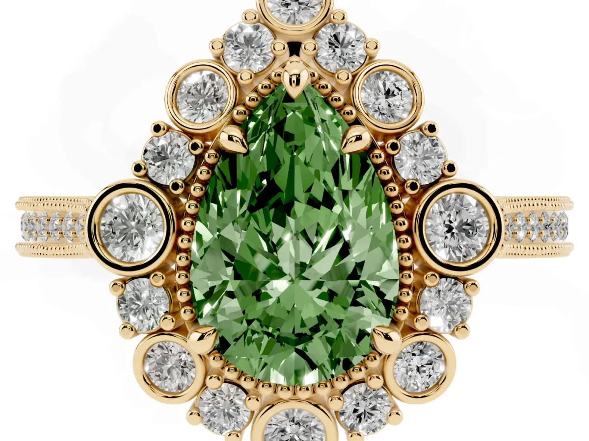 Fancy Green Pear Cut Halo Milgrain Pave Diamond Ring with Four-Prong Setting Yellow gold