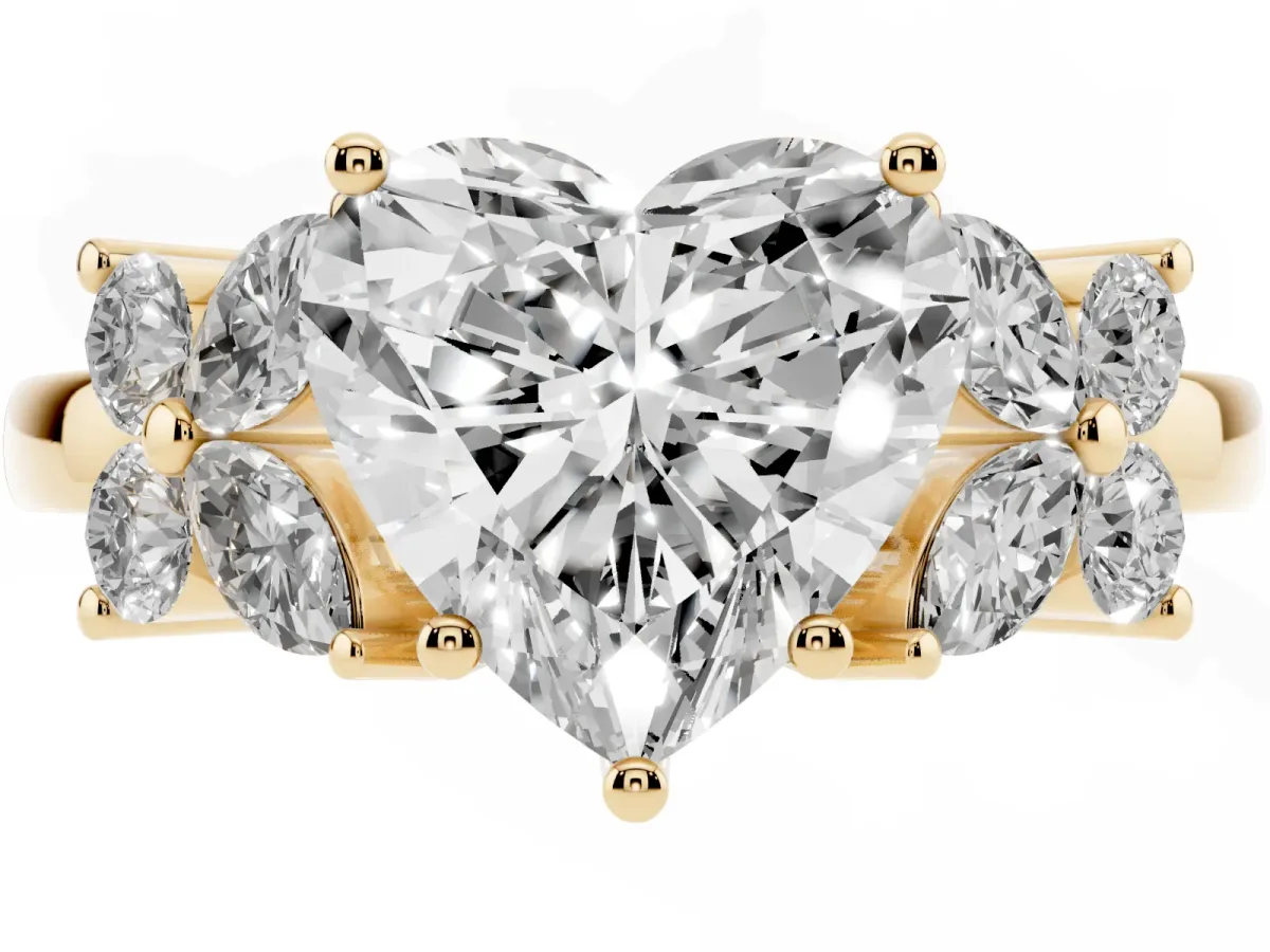 Heart Cut Diamond Floral Cluster Ring with Solitaire Band and Prong Setting Yellow gold