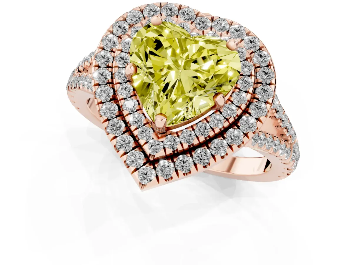 Fancy Yellow Heart Cut Diamond Double Halo Ring with Pavé Band and Prong Setting Rose gold